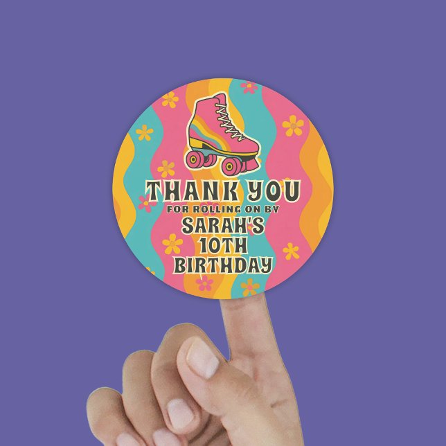 Retro Roller Skating Girl Birthday Party Thank You Classic Round Sticker (Retro Roller Skating Girl Birthday Party Thank You Classic Round Sticker
)