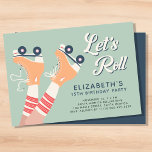 Retro Roller Skating Sage Birthday Party Invitation<br><div class="desc">Cool sage green roller skating birthday party invitation for any age featuring "Let's Roll!" in a retro script and a retro-inspired illustration of pastel orange roller skates on a girl wearing striped tube socks. Add her name and birthday year in blue typography.</div>