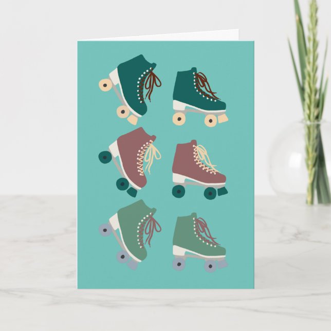 Retro Rollerskates Green Dusty Pink Card (Front)