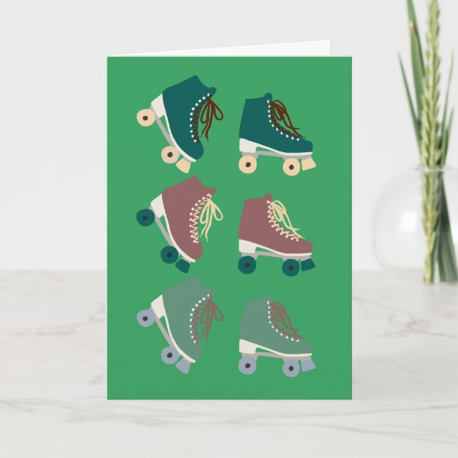 Retro Rollerskates Green Dusty Pink Card (Front)