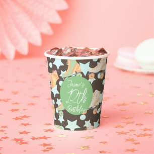 Retro Rollerskating Birthday Skates Stars Brown Paper Cups