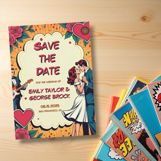 Retro Romantic Bride and Groom Comic Style Wedding Save The Date (Creator Uploaded)