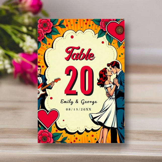 Retro Romantic Bride and Groom Comic Style Wedding Table Number (Creator Uploaded)