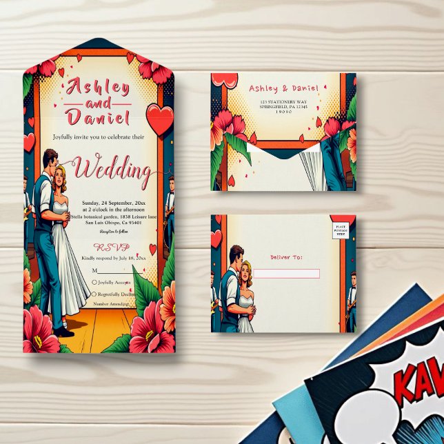 Retro Romantic Bride And Groom Dance Comic Wedding All In One Invitation (Creator Uploaded)
