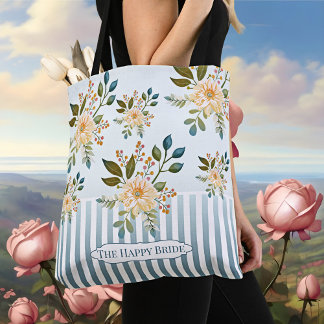 Retro Romantic Floral Bridal Tote Bag