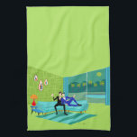 Retro Romantic Gay Couple Kitchen Towels<br><div class="desc">This Retro Romantic Gay Couple Kitchen Towels design is simply fabulous! The 1960s style, minimalist art design features an attractive couple enjoying a romantic evening. They are snuggled up on their beautiful, modern turquoise sectional, in their Palm Springs home. The sophisticated, lime green room prominently features a sloped green stone wall,...</div>