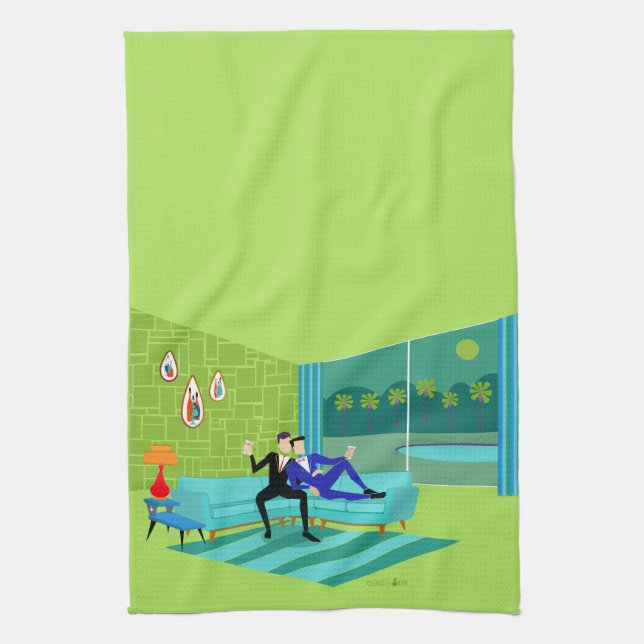 Retro Romantic Gay Couple Kitchen Towels (Vertical)