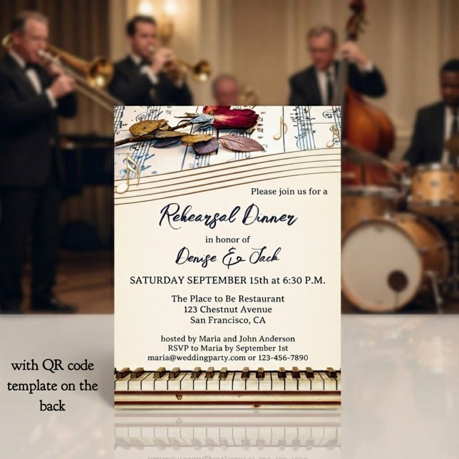 Retro Romantic Music Themed Rehearsal Dinner Invitation (Elegant retro music themed wedding rehearsal dinner invitation with roses and a piano keyboard)