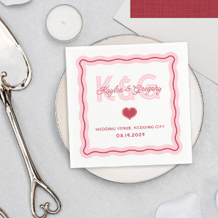 Retro Romantic Wavy Frame Heart Monogram Wedding Napkin