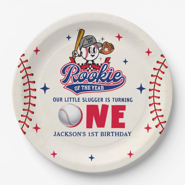 Retro Rookie of the Year Baseball 1st Birthday Paper Plate (Front)