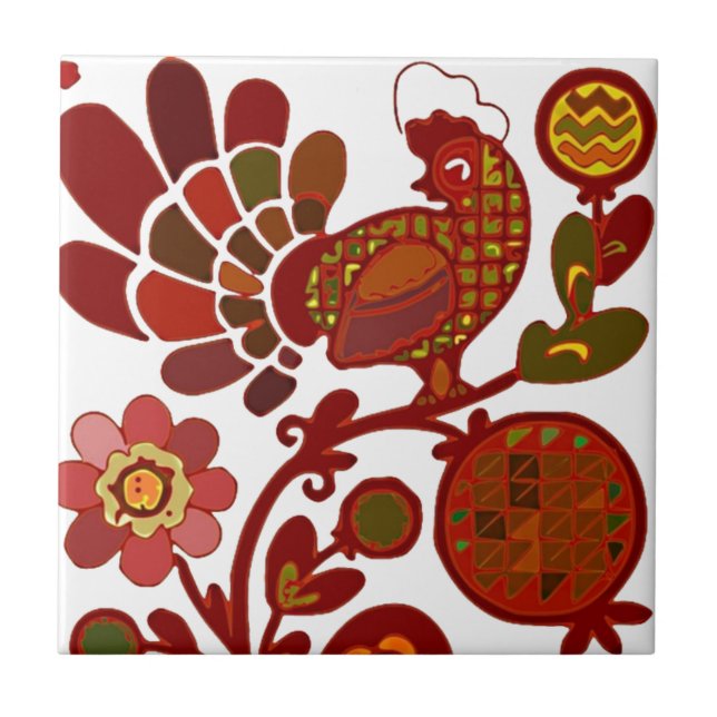 Retro Rooster 60s Mod Style Orange and Red Print Tile (Front)