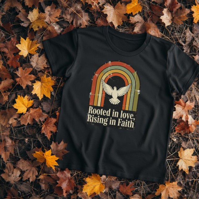 Retro rooted and rising faith ripped fabric design T-Shirt (Rooted in love, rising in faith ripped, retro style Christian message tee.)