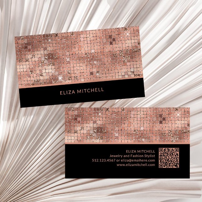 Retro Rose Gold Disco Ball Mirror | QR Code Business Card (A glam, rose gold and black disco ball inspired business card, with a scannable QR code)