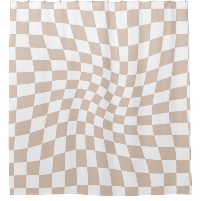 Retro Rose Sand Pink Checks Warped Chequered Shower Curtain (Front)