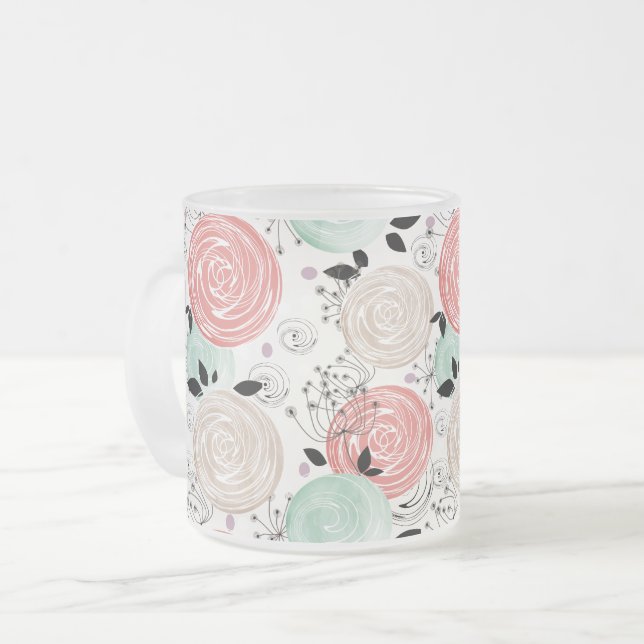 Retro, roses frosted glass coffee mug (Front Left)