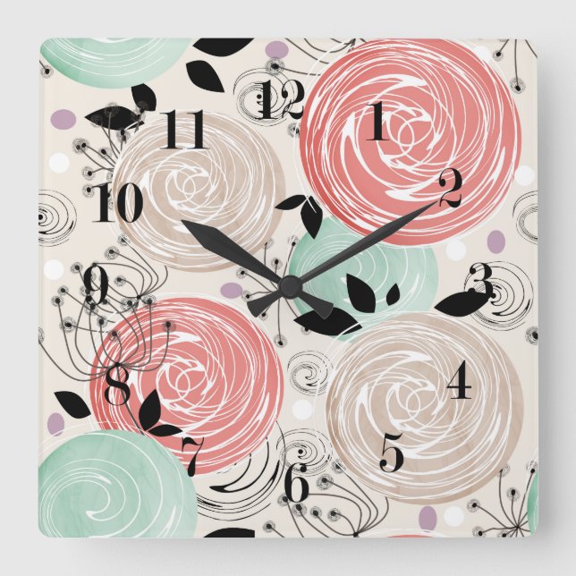 Retro, roses square wall clock (Front)