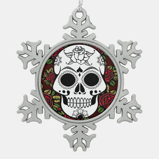 retro roses sugar skull pewter snowflake ornament (Front)