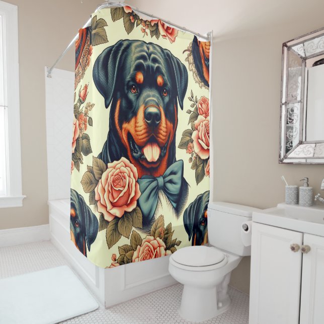 Retro Rottweiler Illustration Shower Curtain (In Situ)