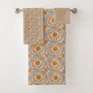 Retro Round Daisy Tile Pattern Blue Orange Bath Towel Set