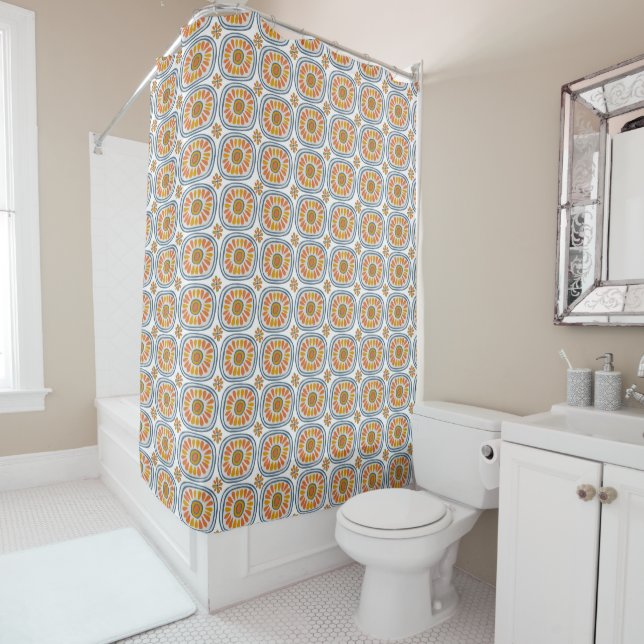 Retro Round Daisy Tiles Pattern Hand Drawn Blue Shower Curtain (In Situ)