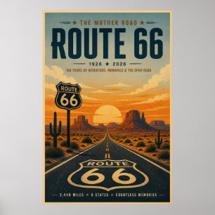 Retro Route 66 Centennial Desert Art Poster