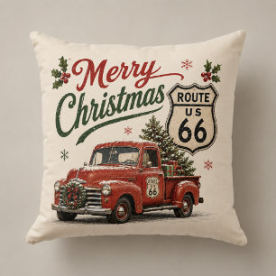 Retro Route 66 Christmas Truck Decor Cushion