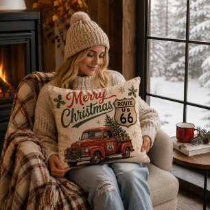 Retro Route 66 Christmas Truck Decor Cushion