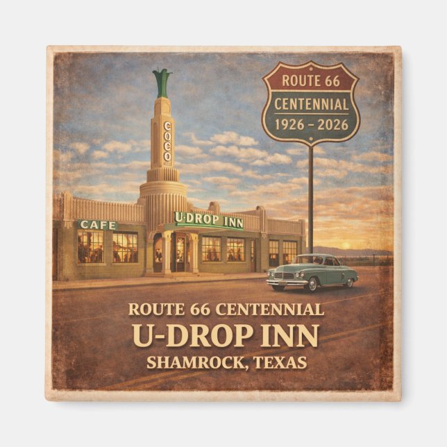 Retro Route 66 Shamrock Texas Centennial Scene Magnet (Front)