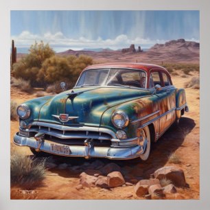 Retro Route 66 Vintage Car Desert Artwork Poster