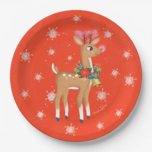 Retro Rudolph Reindeer Red Paper Plate