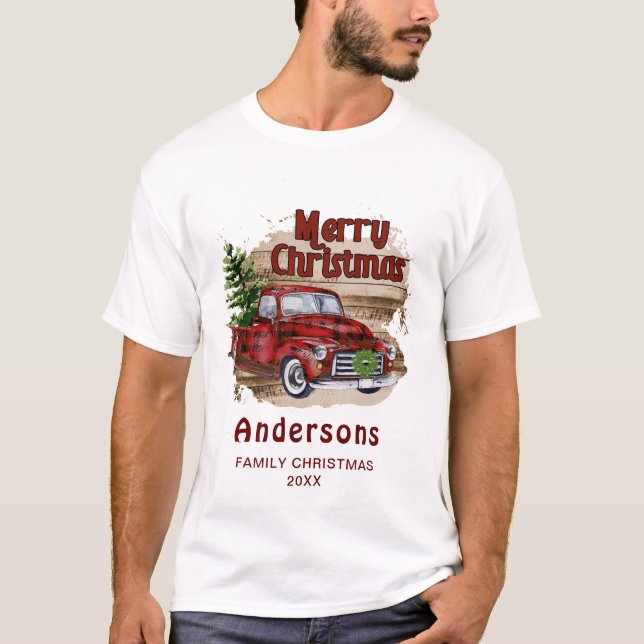 Retro Rustic Christmas Buffalo Red Truck Holiday T-Shirt (Front)