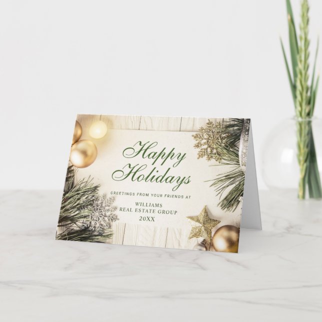 Retro Rustic Christmas Ornament Corporate Greeting Holiday Card (Front)