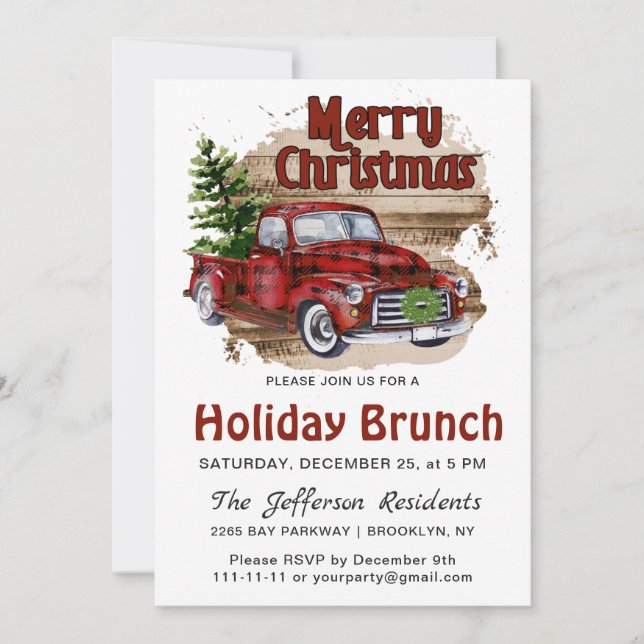 Retro Rustic Christmas Red Truck Holiday Brunch Invitation (Front)