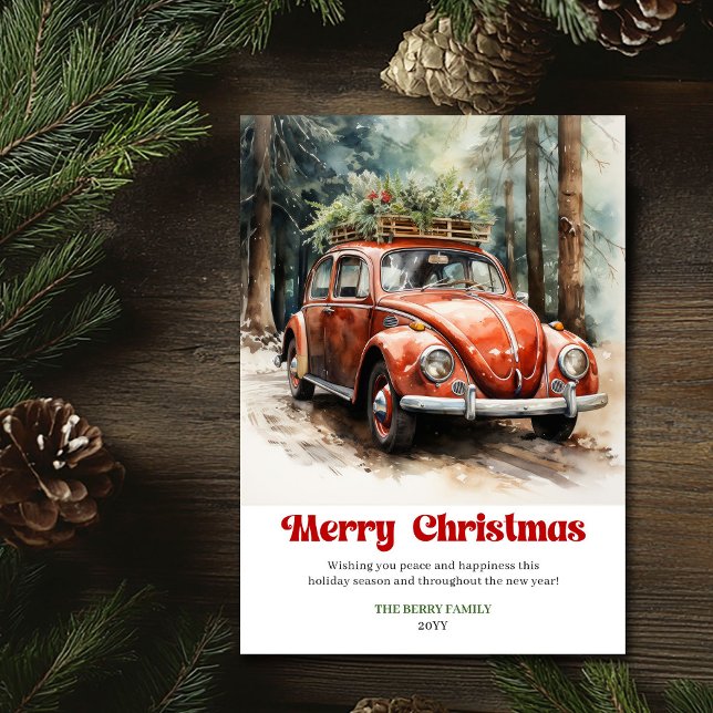 Retro rustic Christmas scene red car greeting Holiday Card (Retro rustic Christmas scene red car greeting)