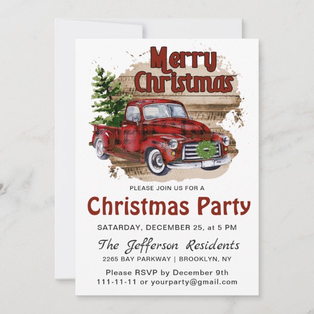 Retro Rustic Farm Red Truck Christmas Party Invitation (Front)
