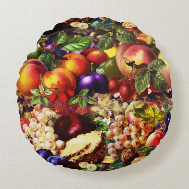 Retro Rustic Fresh Summer Tropical Fruit Vegetable Round Cushion (Front)