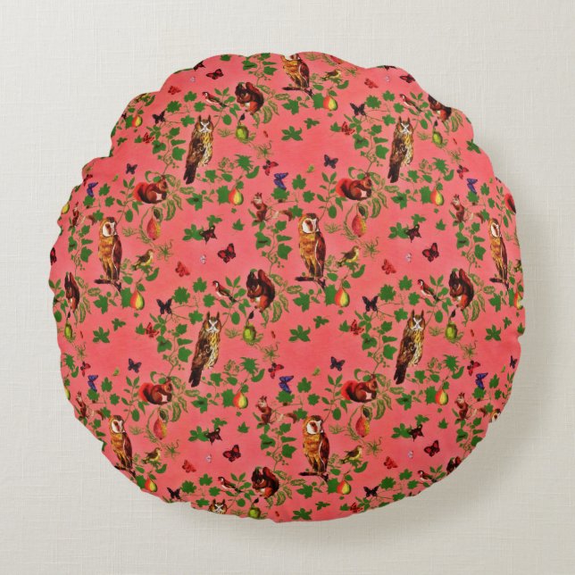 Retro Rustic Greenery Autumn Forest Watercolor Round Cushion (Front)