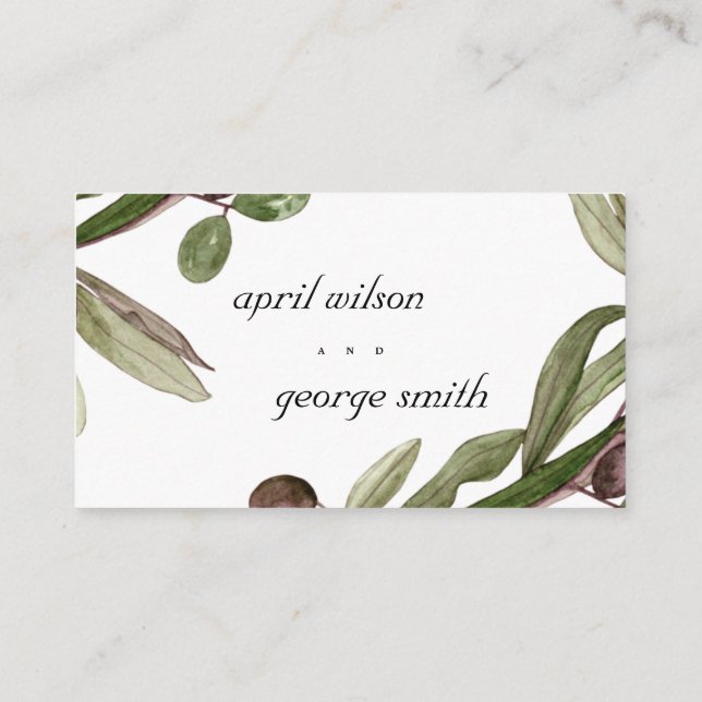 RETRO RUSTIC OLIVE WATERCOLOR FOLIAGE WEDDING PLACE CARD (Back)