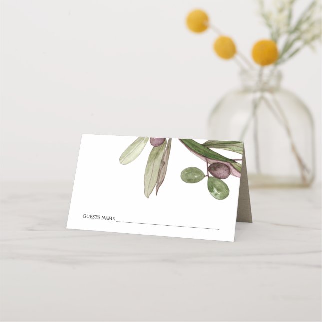 RETRO RUSTIC OLIVE WATERCOLOR FOLIAGE WEDDING PLACE CARD (Front)