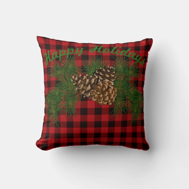 Retro rustic red black plaid holiday pine cone cushion (Front)