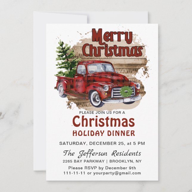 Retro Rustic Red Truck Christmas Holiday Dinner Invitation (Front)