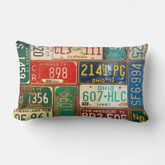 retro rusty license plate collection lumbar cushion (Front)