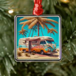 Retro RV and Palm Trees Metal Tree Decoration