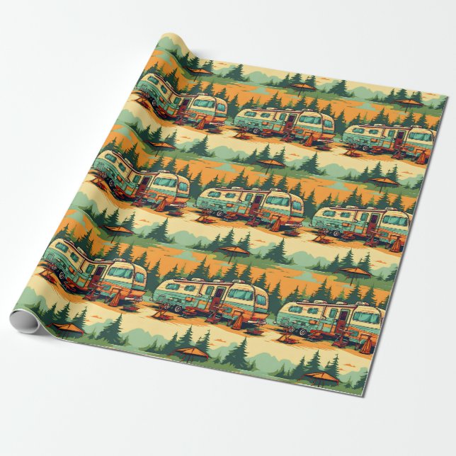 Retro RV Camper Camping Themed Wrapping Paper (Unrolled)