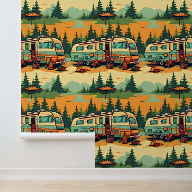 Retro RV Campers Nestled in Pine Trees Wallpaper (Application)