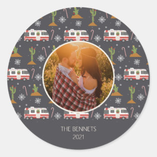 Retro Rv Motorhome Desert Christmas Pattern Photo Classic Round Sticker