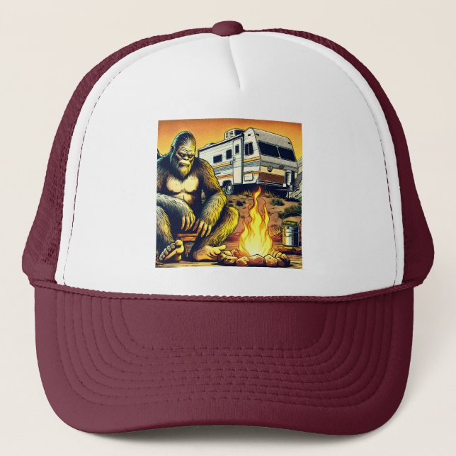 Retro RV Sasquatch Camping Trucker Hat (Front)