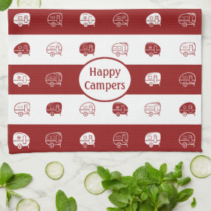 Retro RV Trailer Happy Campers in Dark Red & White Tea Towel