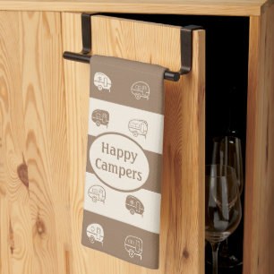 Retro RV Trailer Happy Campers Light Brown & Cream Tea Towel