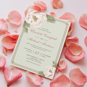 Retro Sage and Blush Wedding Peony Floral Invitation
